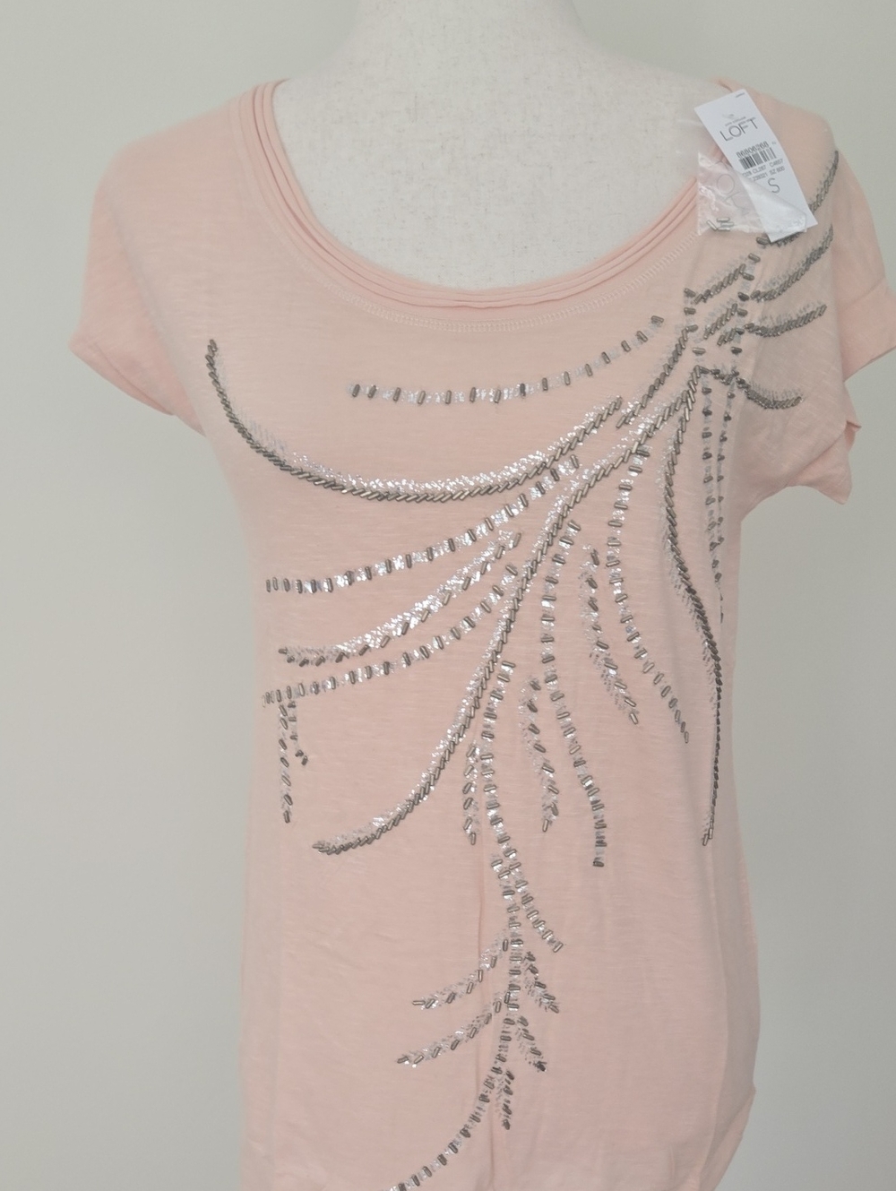 LOFT Pale Peach Short Sleeve Tee with Silver Sequin Detail